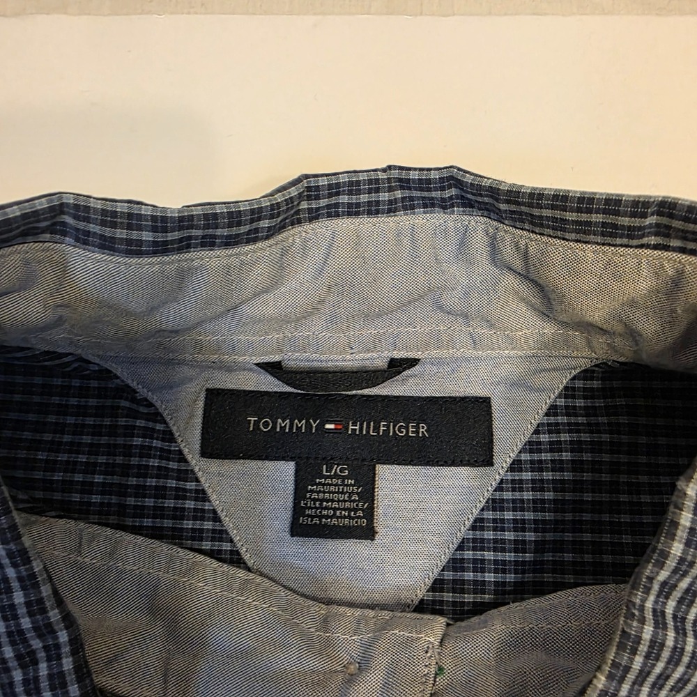 Tommy Hilfiger Mens Blue White Micro Check Cotton Button Down Shirt Large L - Picture 2 of 8